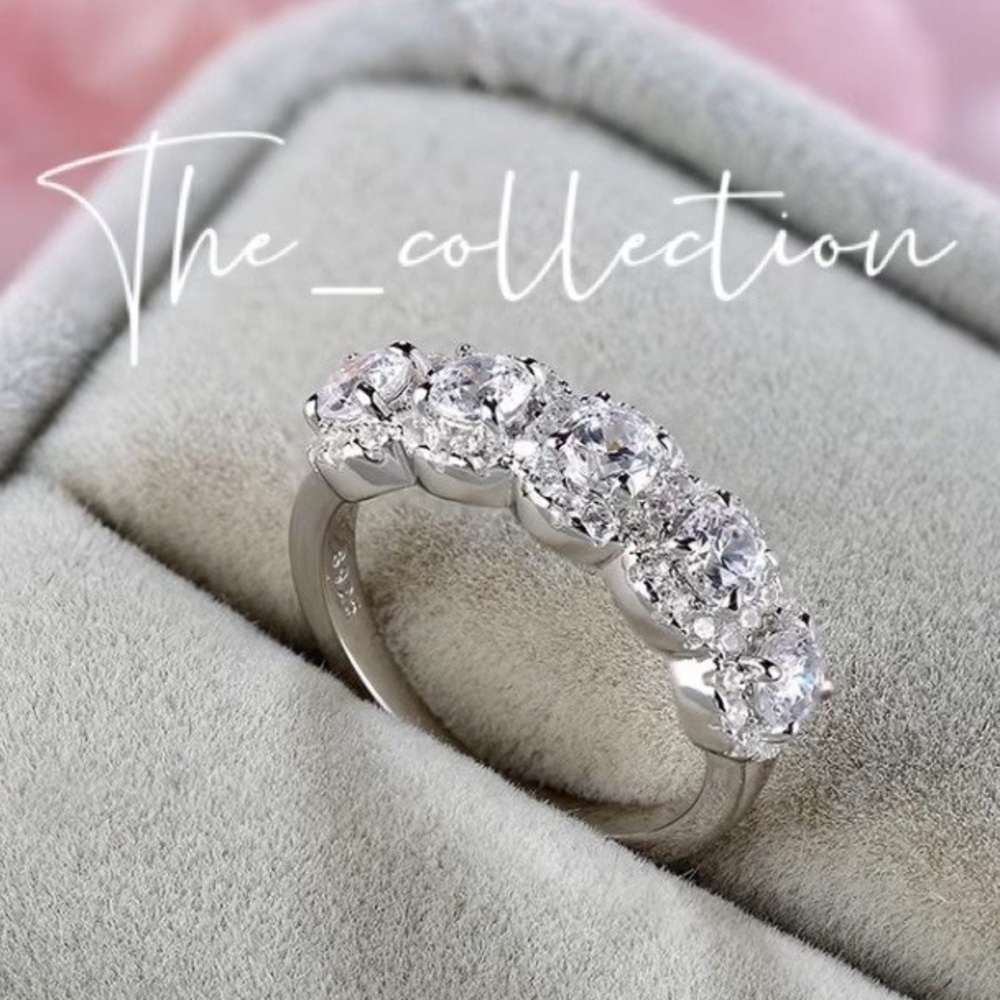 HALO FIVE STONE DIAMOND STERLING SILVER RING - Picture 3 of 5